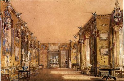 Interiør af den gule tegnestue i Brighton Pavilion, ca. 1820 (akvarel og gouache på papir) af Augustus Charles Pugin
