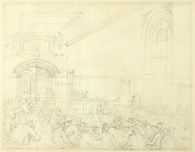Studie for Guild Hall, undersøgelse af en konkursramt før hans kreditorer, fra Microcosm of London af Augustus Charles Pugin