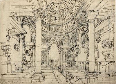 Studie for Walbrook Church (recto); Skitser af sejlbåde, mænd og joller (verso) af Augustus Charles Pugin