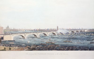 Åbningen af Waterloo-broen den 18. juni 1817, ætset af A. Pugin efter en tegning af W. Findlater, indgraveret af R. Havell und Son, 1818 (farvestik) af Augustus Charles Pugin