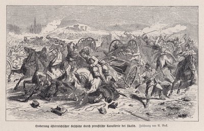 Østrigske kanoner erobret af preussisk kavaleri i slaget ved Skalitz, Bøhmen, østrigsk-preussiske krig af Augustus J. Beck