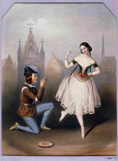 Carlotta Grisi som Esmeralda og Jules Perrot som Gringoire - La Esmeralda, ballet i 3 akter ... (litografi) af Augustus Jules Bouvier