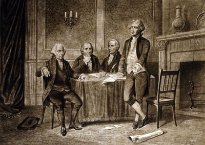 Lederne af den kontinentale kongres i 1775: John Adams, Robert Morris, Alexander Hamilton, Thomas Jefferson, tegning af Augustus Tholey (1894) af Augustus Tholey