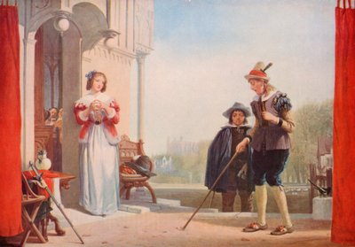 Shakespeare: Slender and Anne Page, The Marry Wives of Windsor, Act I, Scene 1 (farve litho) af Augustus Wall (after) Callcott