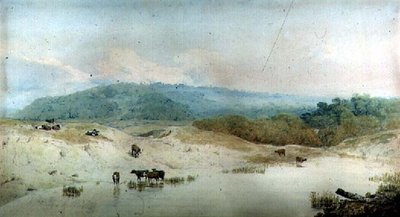 Udsigt i Yorkshire, flod og kvæg, (tegning) af Augustus Wall Callcott