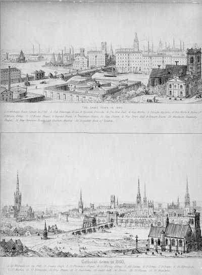 Katolsk by i 1440 og samme by i 1840 af Augustus Welby Northmore Pugin