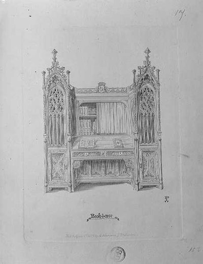Design til en gotisk bogreol, ca.1835 af Augustus Welby Northmore Pugin