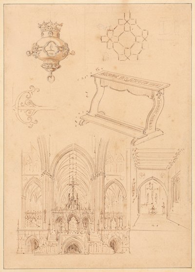 Design til gotisk udsmykning, en knæler og to skitser af det indre af gotiske kirker af Augustus Welby Northmore Pugin