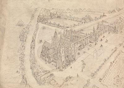 Skitse af en gotisk kirke og et kloster af Augustus Welby Northmore Pugin