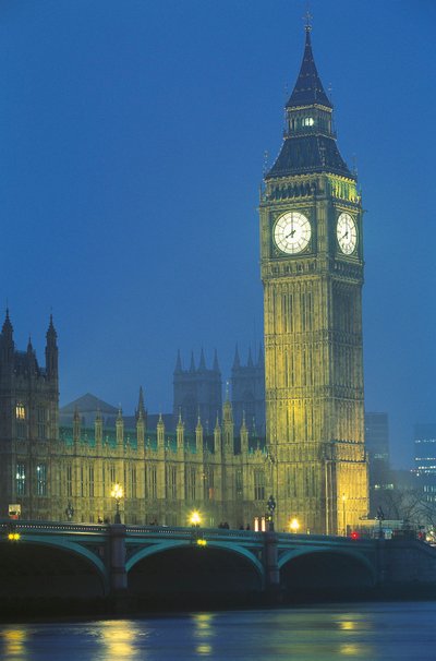Storbritannien, England, London, Westminster Palace og Big Ben om natten af Augustus Welby Pugin