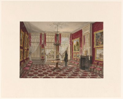 1800-tals interiør med malerier og stående figur af Augustus Wijnantz