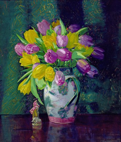 Gule og lilla tulipaner i vase af Augustus William Enness