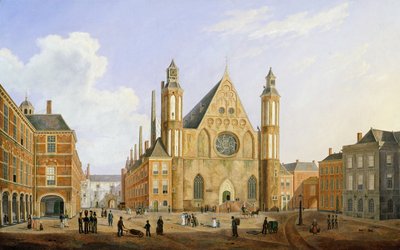Binnenhof i Haag med udsigt over Ridderzaal med soldater og andre figurer i gården af Augustus Wynantz