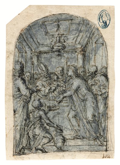 Præsentationen i templet (kridt med pen og blæk, lavering og hvid forhøjning på papir) af Aurelio (attr. to) Luini