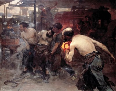 "Arbejdsulykke" En arbejder på en fabrik kommer til skade af en af maskinerne og transporterer af hans kollegaer (maling) af Aurelio Arteta Errasti