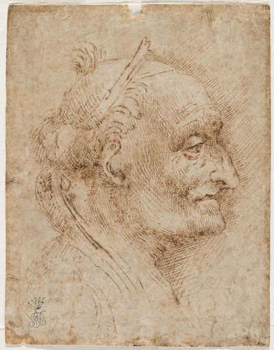 Gammelt hvælvingshoved til højre, 1500-tallet (metallisk spids, kul, pen og blæk) af Aurelio Luini