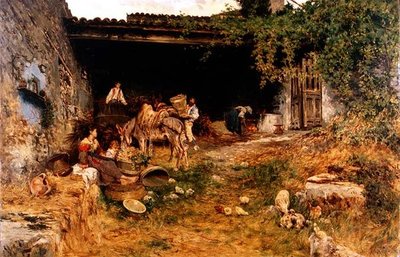 Italian Farmyard (olie på panel) af Aurelio Tiratelli