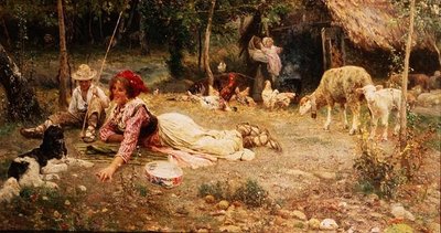 Italiensk gårdscene af Aurelio Tiratelli