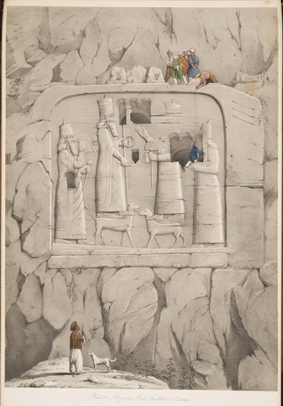 Assyrian Rock Sculpture (bayersk), fra Monuments of Nineveh, pub. 1849 (gravering) af Austen Henry Layard