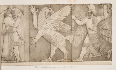 Basrelieffer ved en indgang til et lille tempel (Nimroud), fra Monuments of Nineveh, pub. 1849 af Austen Henry Layard