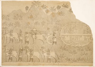 Vogn og ledsagere af Sanherib og et slot på et bjerg (Kouyunjik), fra Monuments of Nineveh, pub. 1849 af Austen Henry Layard