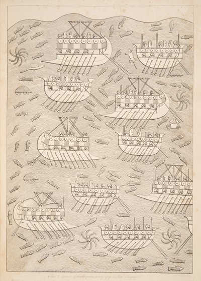 Assyrernes fjender søger tilflugt i skibe (Kouyunlik), fra Monuments of Nineveh, pub. 1849 af Austen Henry Layard