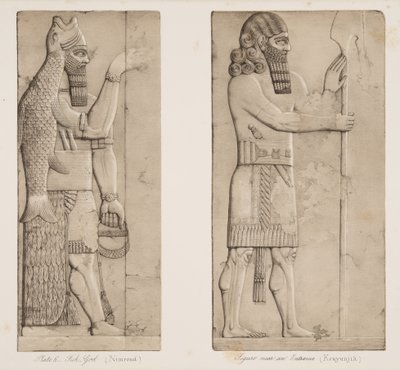 Fish God (Nimroud) og figur nær en indgang (Kouyunjik), fra Monuments of Nineveh, pub. 1849 af Austen Henry Layard