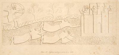 Flygtninge, der krydser en flod til et slot, fra Monuments of Nineveh, pub. 1849 af Austen Henry Layard