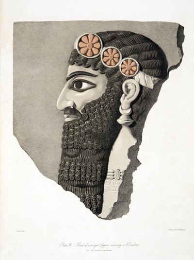 Hoved af en bevinget figur med diadem, fra Monuments of Nineveh, pub. 1849 af Austen Henry Layard