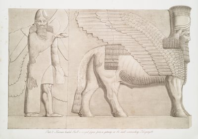 Tyre med menneskehoved og bevinget figur fra en port i muren omkring Kouyunjik [Quyunjik], 1853 af Austen Henry Layard