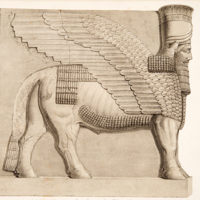 Menneskehovedet tyr og bevinget figur fra en port i muren omkring Kouyunjik, fra Monuments of Nineveh, pub. 1849 af Austen Henry Layard
