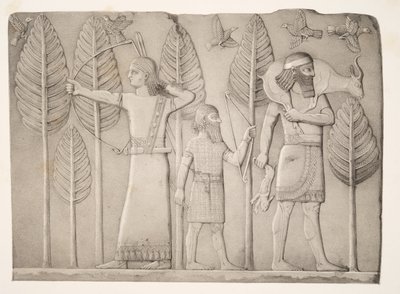 Jægere med Gazelle, hare og fugle (Khorsabad), fra Monuments of Nineveh, pub. 1849 af Austen Henry Layard