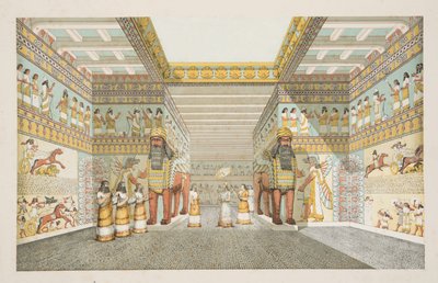 Rekonstruktion af hallen i et assyrisk palads, fra Monuments of Nineveh, pub. 1849 (håndkoloreret gravering) af Austen Henry Layard