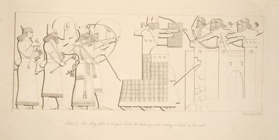 Kongen foran et belejret slot, slagramen, der laver et brud på murene, fra Monuments of Nineveh, pub. 1849 af Austen Henry Layard