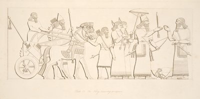 Kongen modtager fanger, fra Monuments of Nineveh, pub. 1849 af Austen Henry Layard