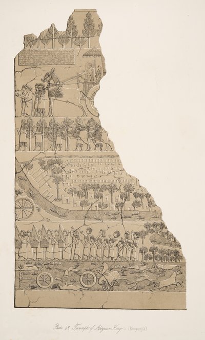 Triumf for assyriske konger (Kouyunjik), fra Monuments of Nineveh, pub. 1849 af Austen Henry Layard