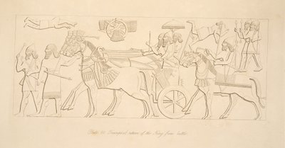 Kongens triumferende tilbagevenden fra kamp, fra Monuments of Nineveh, pub. 1849 af Austen Henry Layard