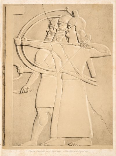To bueskytter og en skjoldbærer, fra Monuments of Nineveh, pub. 1849 af Austen Henry Layard