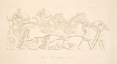 Krigere, der kæmper i Chariots, fra Monuments of Nineveh, pub. 1849 af Austen Henry Layard