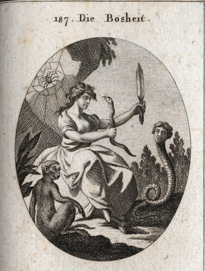 Alegori af mekanikken. Hun ser glad ud med en skygge og en dolk. Dens egenskaber er slangen med et menneskeligt ansigt, der ønsker svindel, aben, der er ondskabens emblem, og araignee, der hentyder til fælder. Gravering i "" Iconologie eller Idee af Austrian School