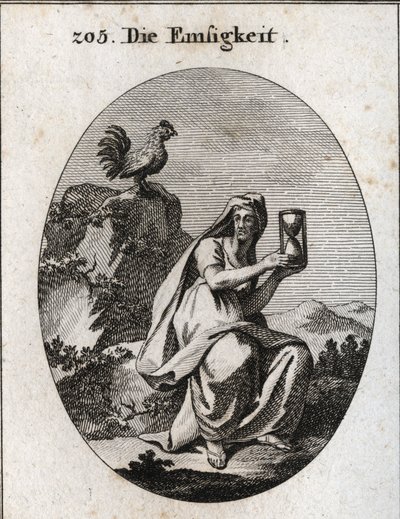 Allegori om fremmøde. Hun holder et sandur (timeglas) og sidder ved foden af en sten omgivet af en efeuplante. Hanen er dens egenskab, fordi fremmøde ikke eksisterer uden årvågenhed. Gravering i "" Iconologie oder Ideen aus dem Gebiete de af Austrian School