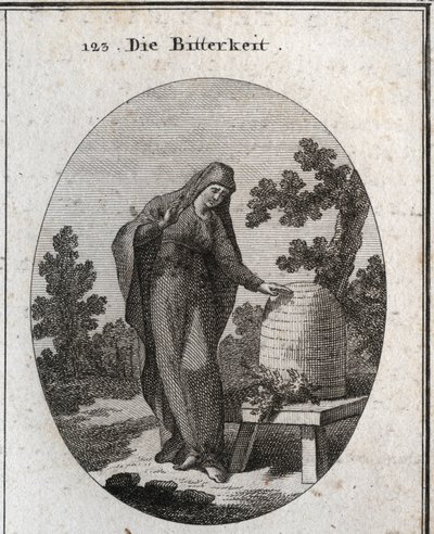 Allegori om bitterhed. Hun ser trist på en absynthplante, der spirede i en honningkube. Indgravering i "" ikonologi eller ideer fra området passioner og allegorier afbildet for tegnere, malere, digtere, lærde, pædagoger og f.eks. af Austrian School