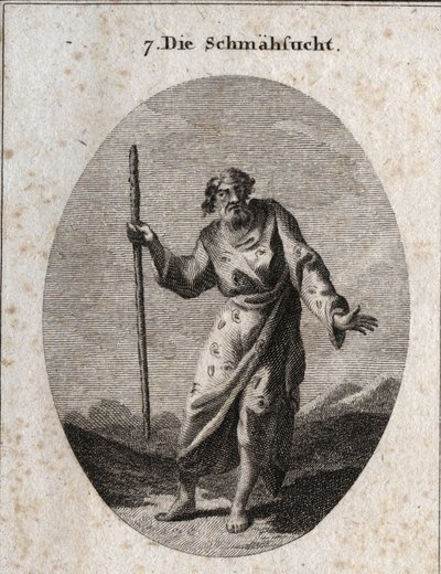 Allegori om skyld repræsenterer af Momus satyrens og irettesættelsens Gud som en gammel mand, der taler og slår jorden. Hans tøj er overstrøet med ører, øjne og tunger. Gravering i "" Iconologie oder Ideen aus dem Gebiete der Leidenschaften und Allegorien af Austrian School