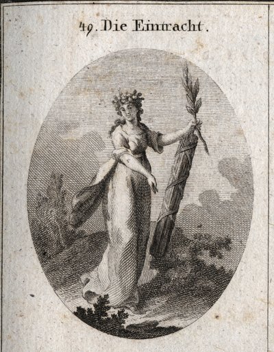 Allegori af enighed repræsenteret med en krone af granater emblem af foreningen. Olivengrenen og et symbol på fred og bjælken af værfter, der er tæt bundet sammen, markerer kraften i forenede kræfter. Gravering i "" Iconologie oder Ideen aus dem Gebiete de af Austrian School