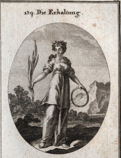 Allegori om bevaring. Cedergrenen er uforgængelig, men er også symbolet på bevarelse og cirklen for arvefølgen. Hun bærer en krone af aromatiske planter, som blev brugt af egypterne til at bevare de døde. Gravering i "" Icono af Austrian School