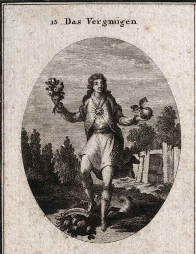 Allegori om tilfredshed repræsenteret af en ung mand, der holder et gyldent æble med den ene hånd og en buket blomster på den anden. De viser, at alt, hvad der omgiver ham, deltager i hans glæde, som er symboliseret ved, at rubinen stråler på hans bryst. D af Austrian School