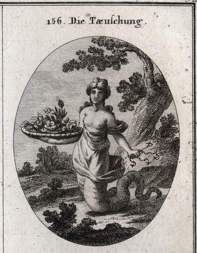 Allegori om bedrag. Blandt blomsterne i kurven er en slange. Hun har flere hamecons bag sig. Hendes ben ender i en slangehale for at vise, at hun kravler for at nå sine ender. Gravering i "" Iconologie oder Ideen aus dem Gebiete der Leidenschaf af Austrian School