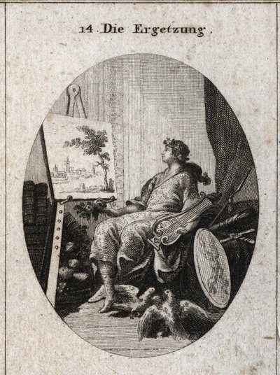 Allegori om nydelse repræsenteret af en ung mand, der holder en lyre i nærheden af et maleri med frugter, bøger, våben og to colombenter, der kærtegner hinanden, alt sammen symboliserer sansernes charme. Gravering i "" Iconologie oder Ideen aus dem Gebiete af Austrian School