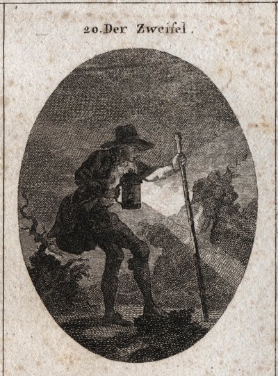 Allegori om tvivl repræsenteret af en ung mand, der går gennem mørket med en lanterne og en båd, som han hjælper med at finde vej gennem flere stier fyldt med sten. Gravering i "" Iconologie oder Ideen aus dem Gebiete der Leidenschaften und Allegor af Austrian School