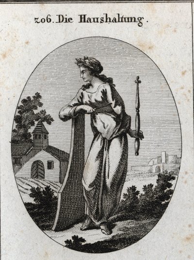 Allegori om økonomi. Den er kronet med en olivengren, der symboliserer fred. Den læner sig op ad et ror og holder et scepter og kompas, magtemblemer og den nøjagtige regering. Gravering i "" Iconologie oder Ideen aus dem Gebiete der Leidenschaften und Alle af Austrian School